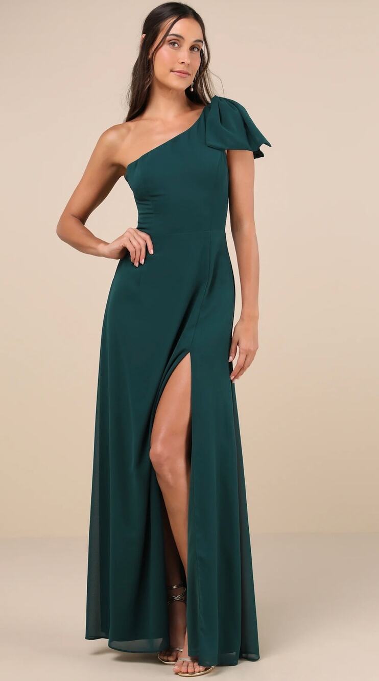 NWT! Lulus Simply Brilliant Emerald Green One-Shoulder Bow Maxi Dress S